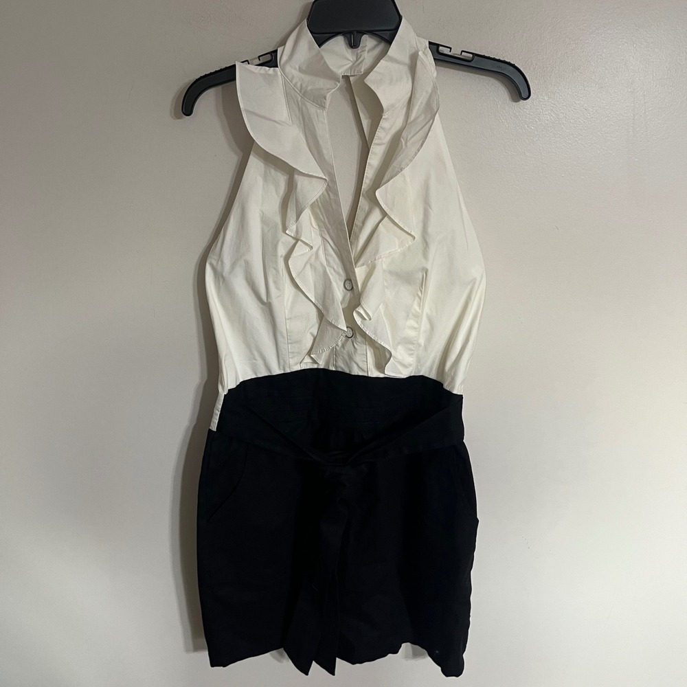Alythea Vintage 90s Colorblock Ruffle Mini Dress Black‎ White Linen Blend Size M